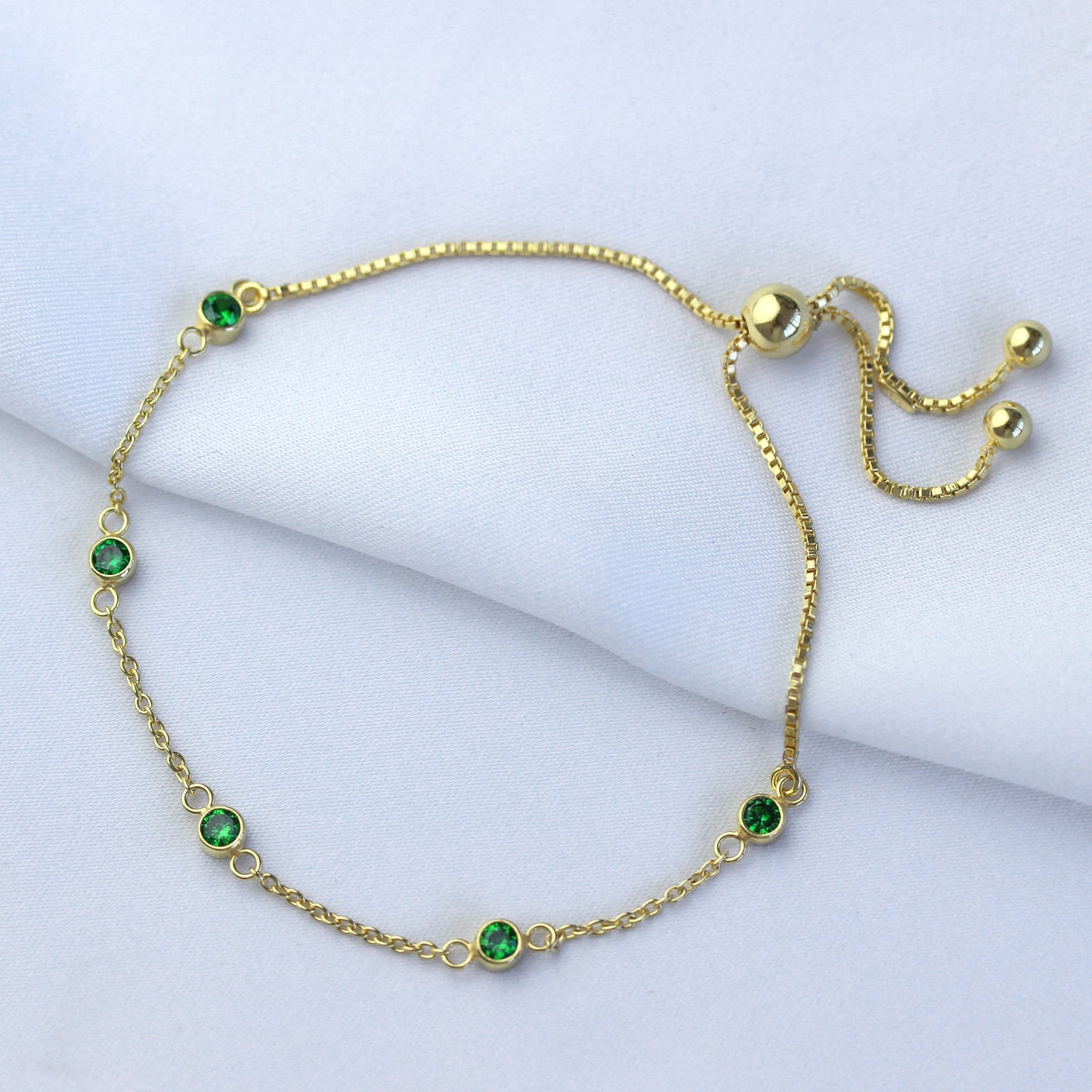 Gold Plated Sterling Silver Emerald CZ Adjustable Bracelet