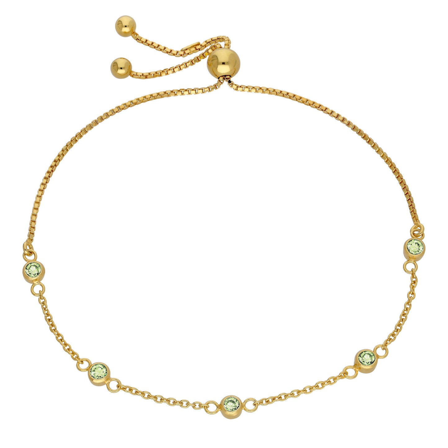 Gold Plated Sterling Silver Peridot CZ Adjustable Bracelet