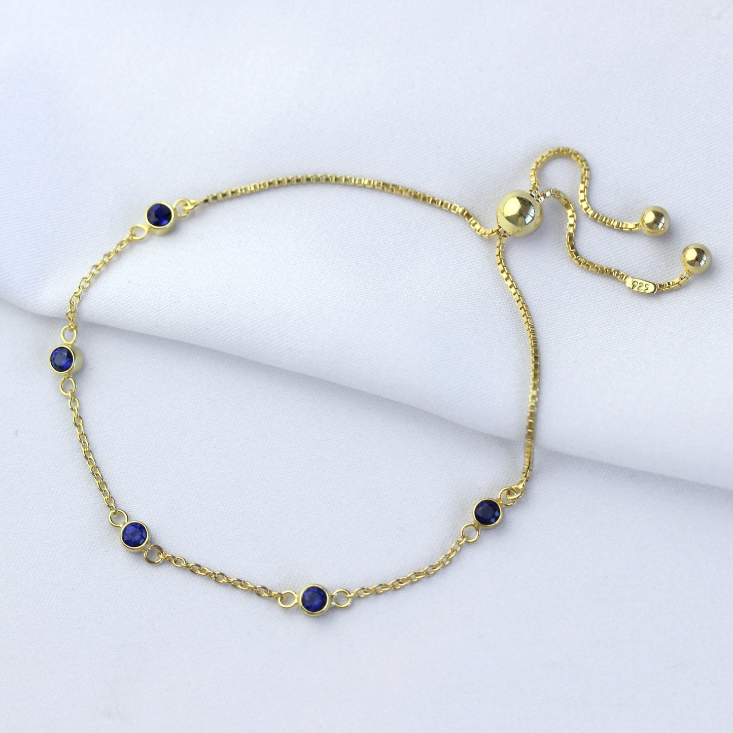 Gold Plated Sterling Silver Sapphire CZ Adjustable Bracelet