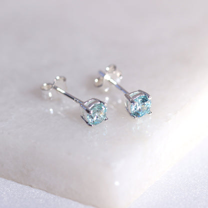 Sterling Silver Aquamarine CZ Birthstone 4mm Stud Earrings