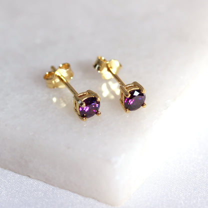 Gold Plated Sterling Silver Amethyst CZ 4mm Stud Earrings