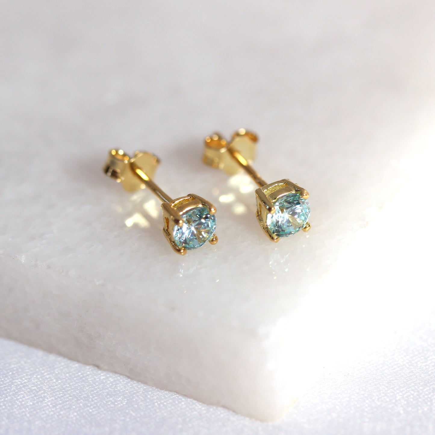 Gold Plated Sterling Silver Aquamarine CZ 4mm Stud Earrings