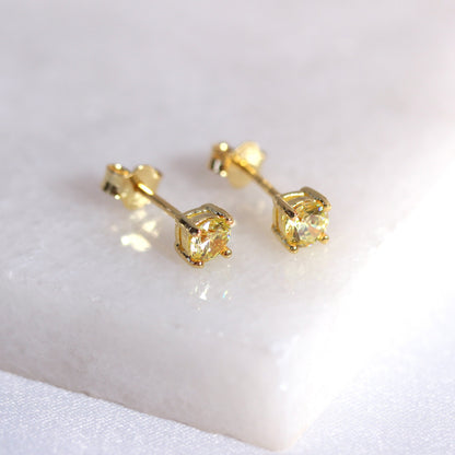 Gold Plated Sterling Silver Citrine CZ 4mm Stud Earrings