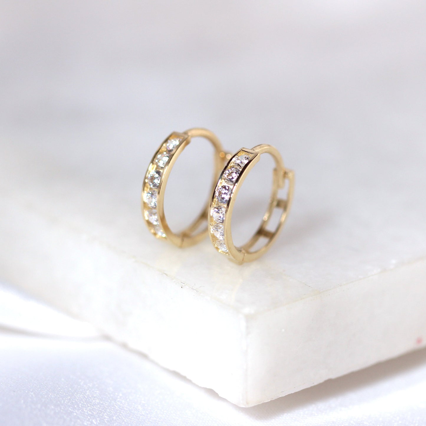 9ct Gold Channel Set CZ 12mm Huggie Hoop Earrings