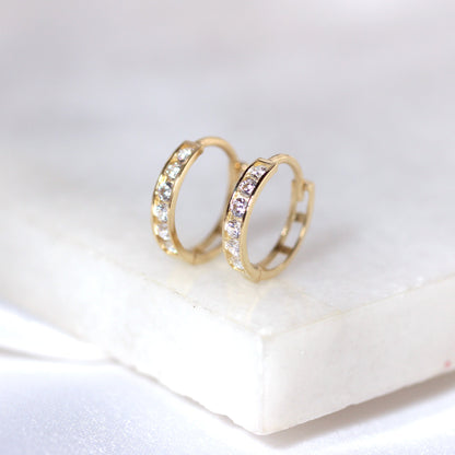 9ct Gold Channel Set CZ 12mm Huggie Hoop Earrings