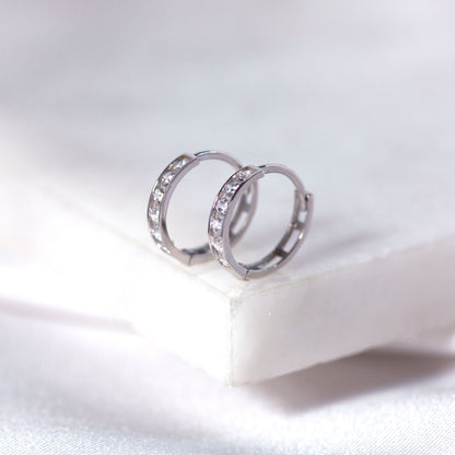 9ct White Gold Channel Set CZ 12mm Huggie Hoop Earrings