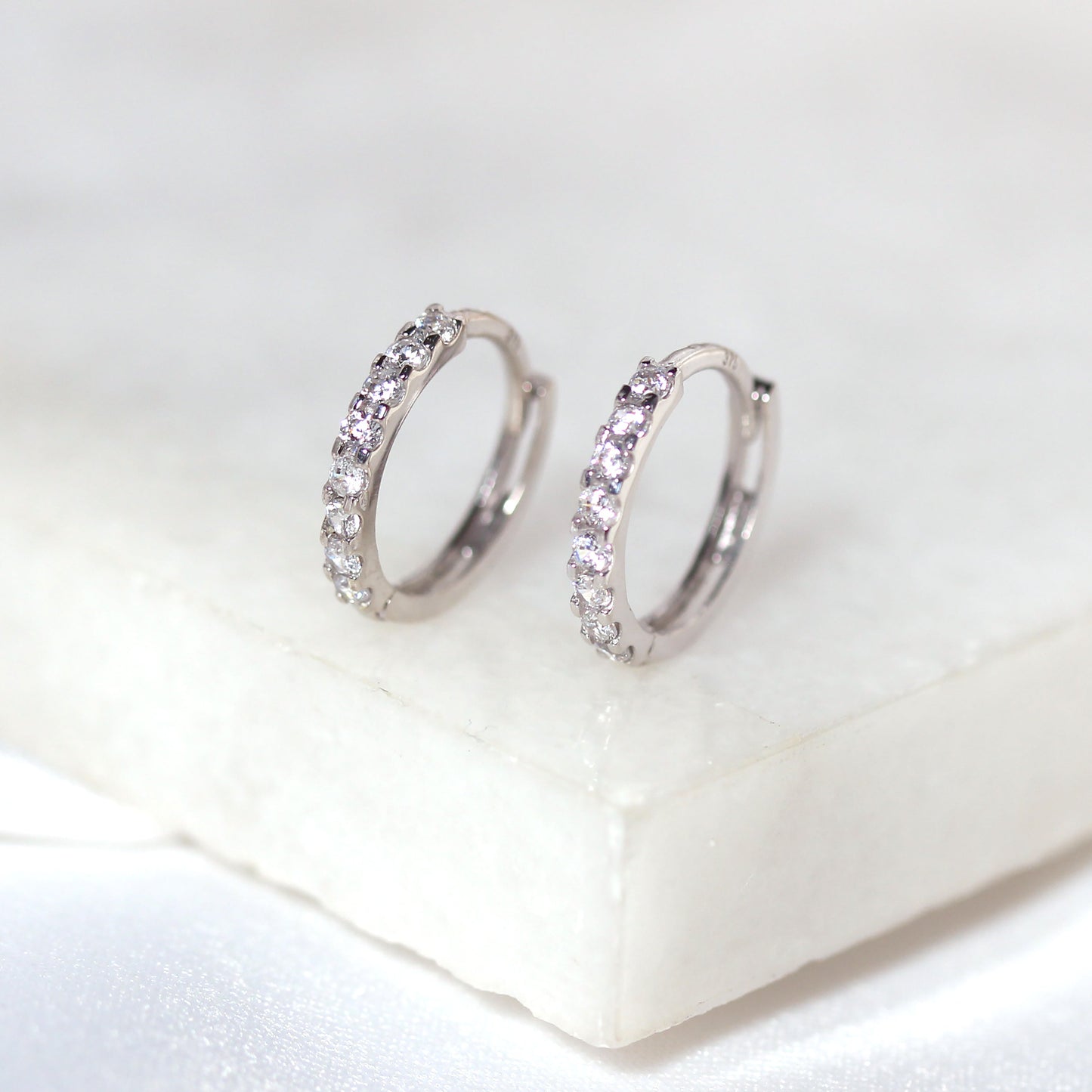 9ct White Gold Pave Set CZ 12mm Huggie Hoop Earrings