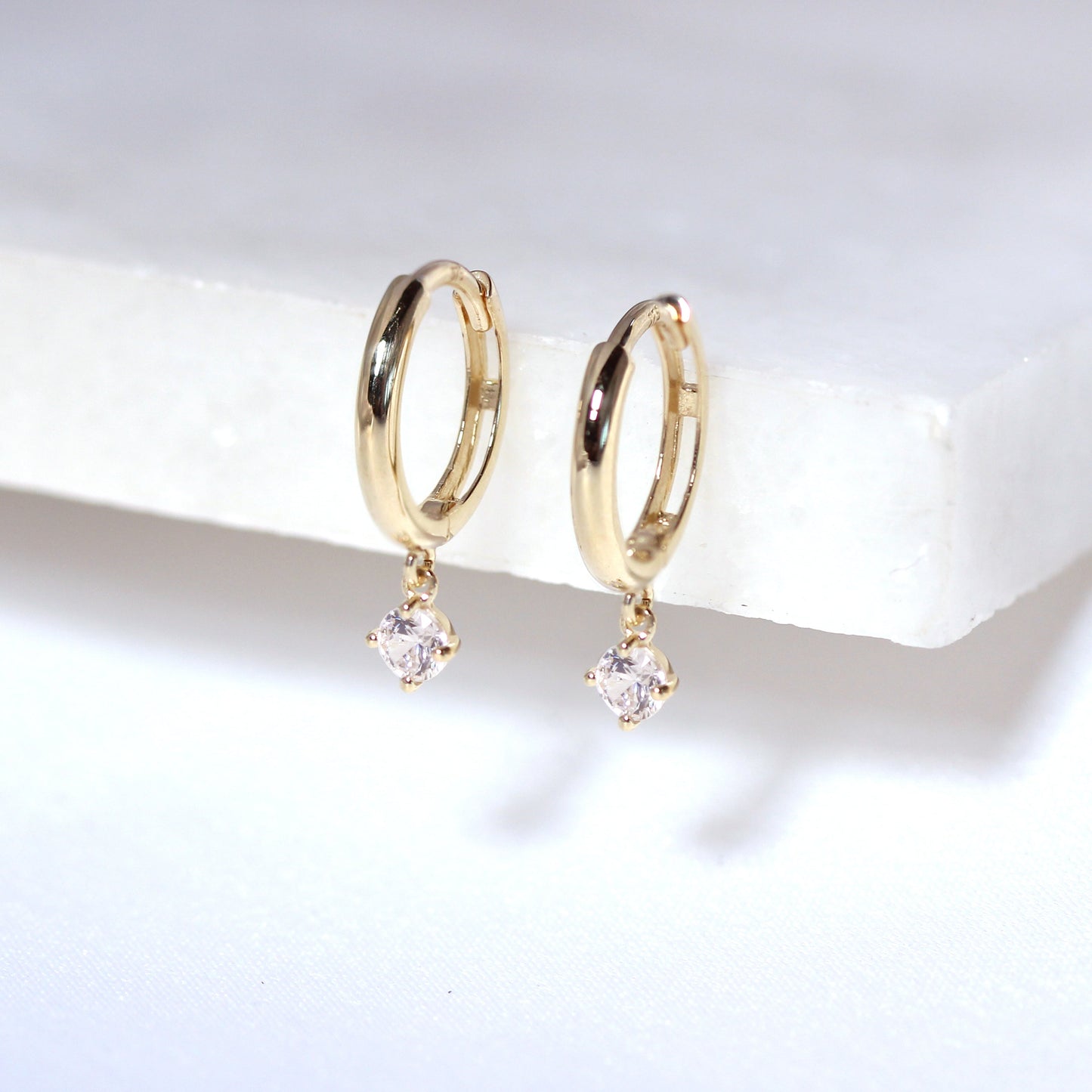 9ct Gold 3.5mm Round CZ Charm 12mm Huggie Hoop Earrings