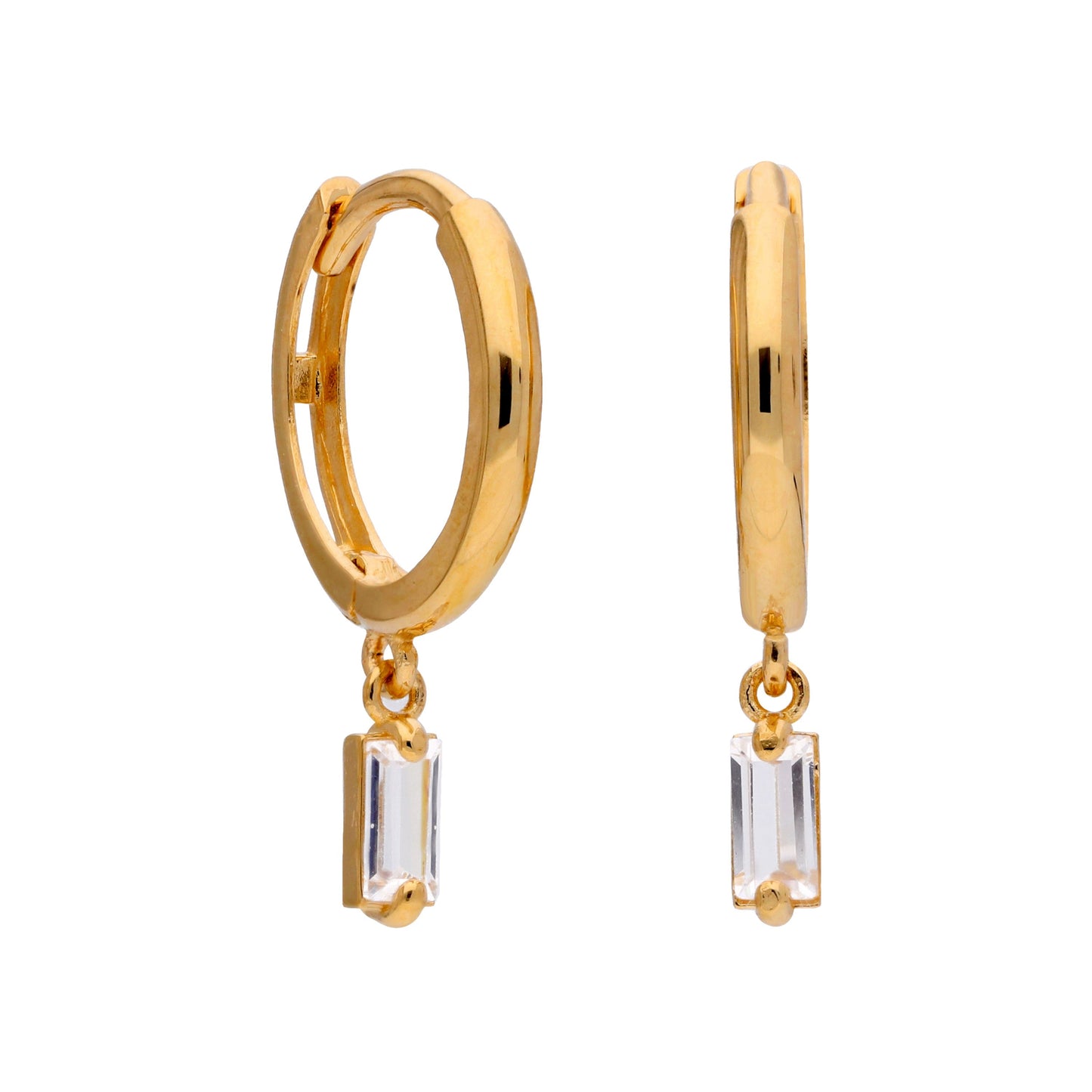 9ct Gold Baguette CZ Charm 12mm Huggie Hoop Earrings