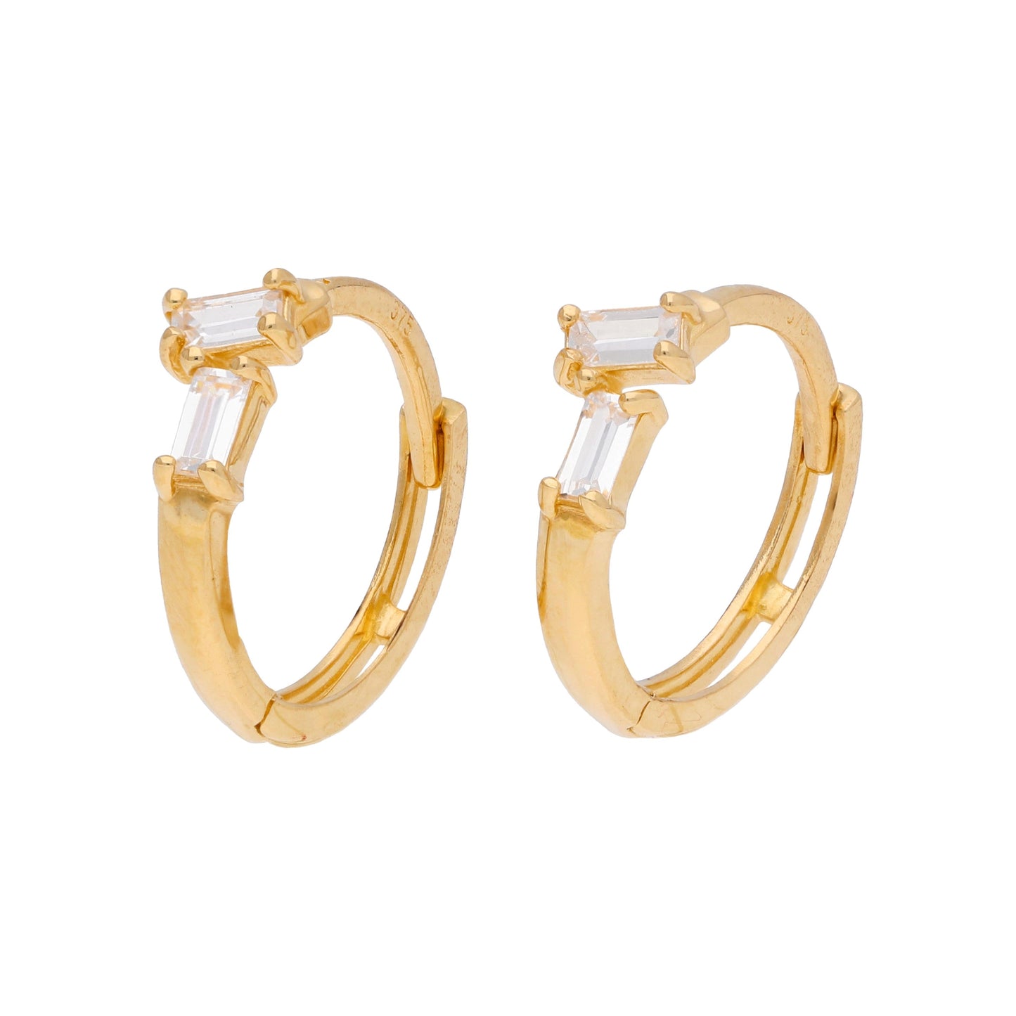 9ct Gold Double Offset Baguette CZ 12mm Huggie Hoop Earrings