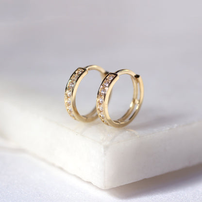 9ct Gold Pave Set CZ 12mm Huggie Hoop Earrings