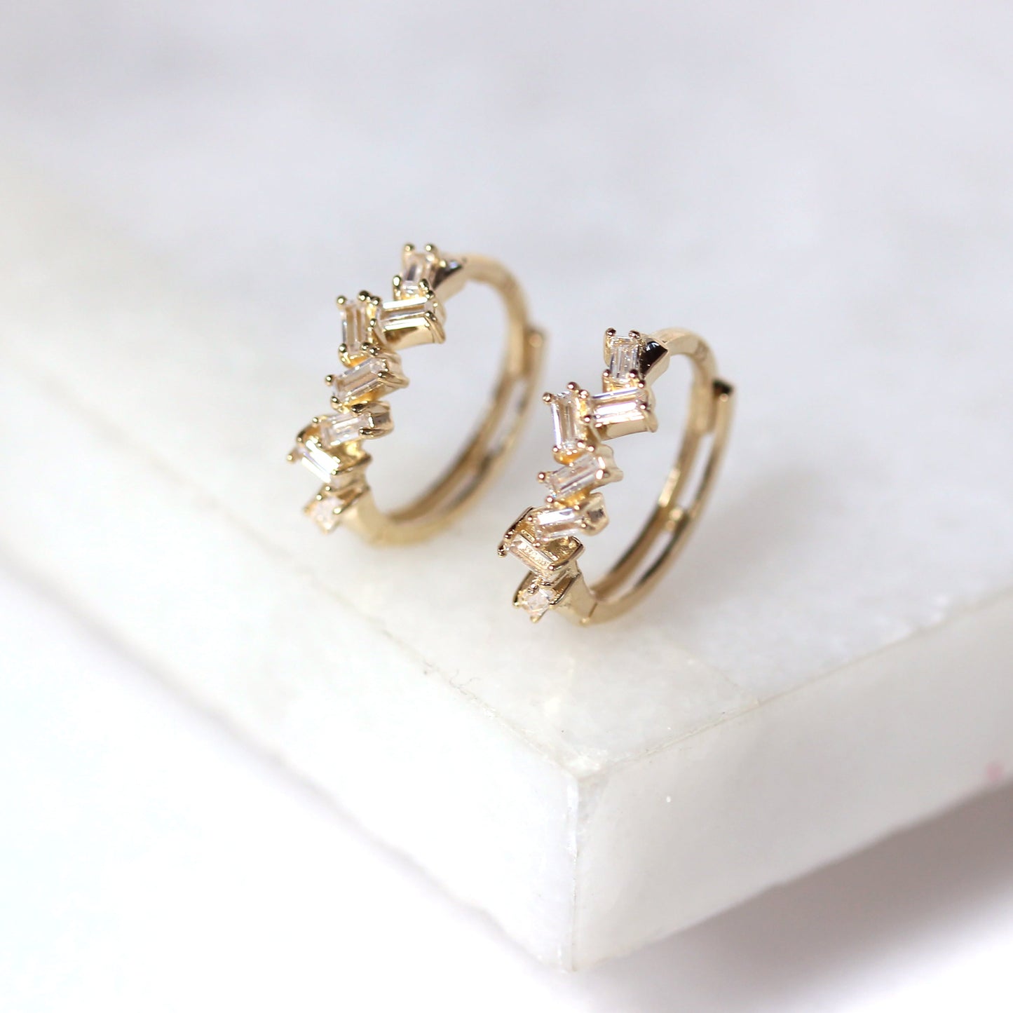 9ct Gold Baguette Claw Set CZ 12mm Huggie Hoop Earrings