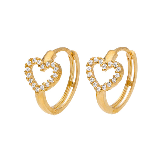 9ct Gold CZ Encrusted Open Heart 14mm Huggie Hoop Earrings