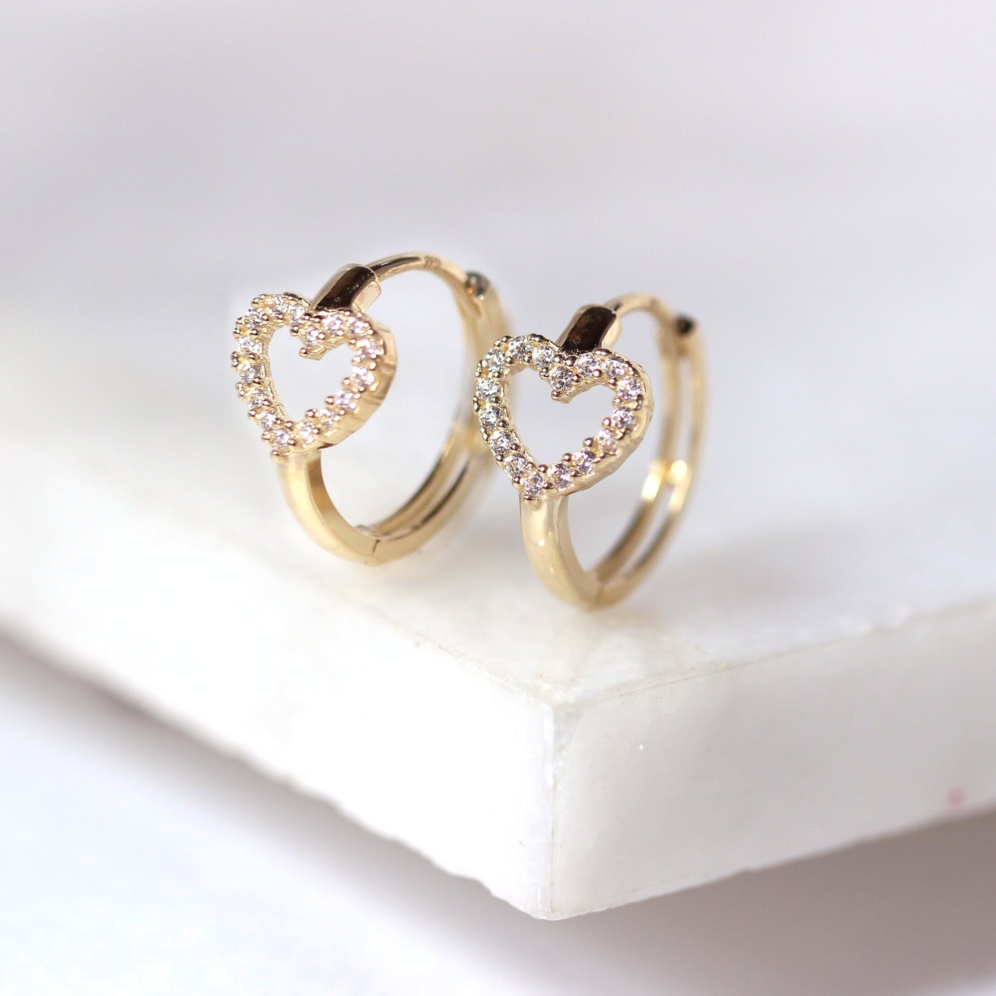 9ct Gold CZ Encrusted Open Heart 14mm Huggie Hoop Earrings