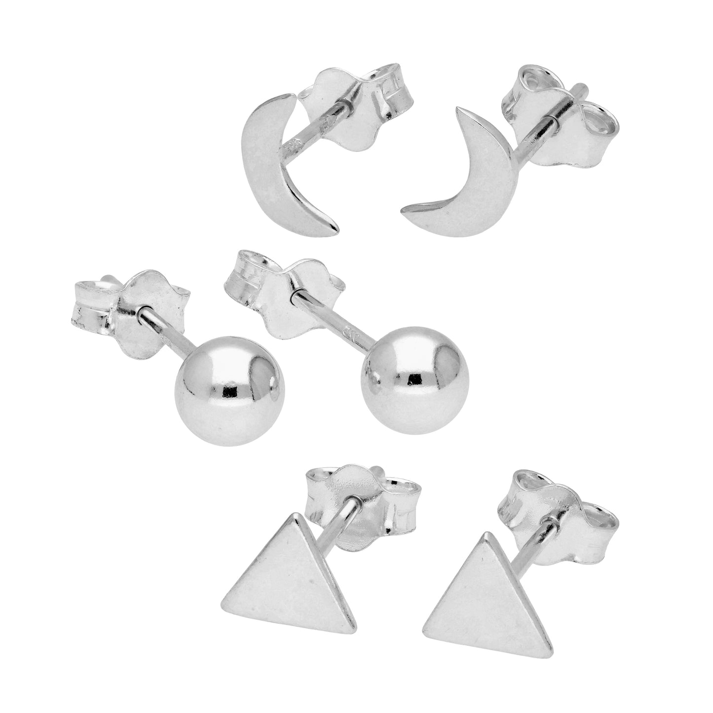 Sterling Silver Triangle Moon Ball Mixed Stud Earrings Set of 3