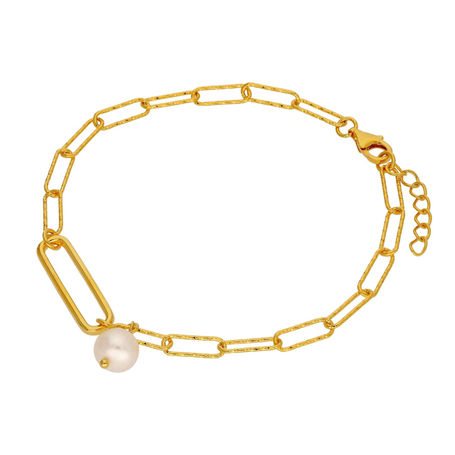 Gold Plated Sterling Silver Pearl Bead Long Link Bracelet