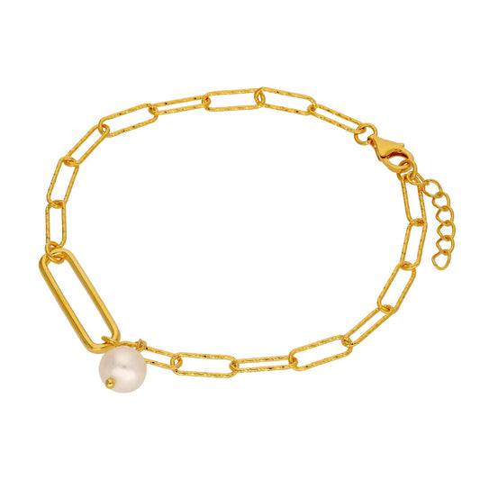 Gold Plated Sterling Silver Pearl Bead Long Link Bracelet