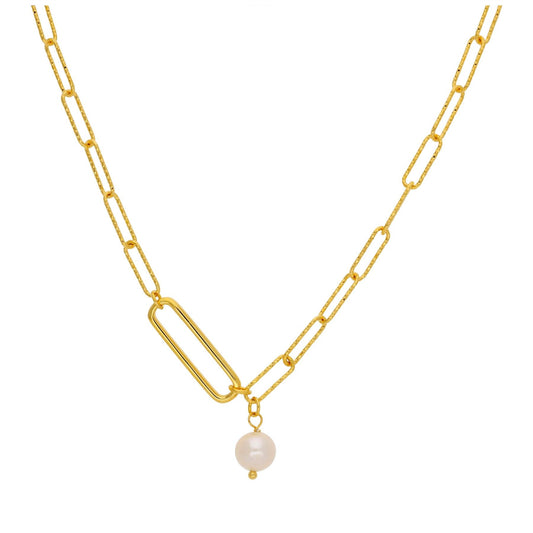 Gold Plated Sterling Silver Pearl Bead Long Link Necklace