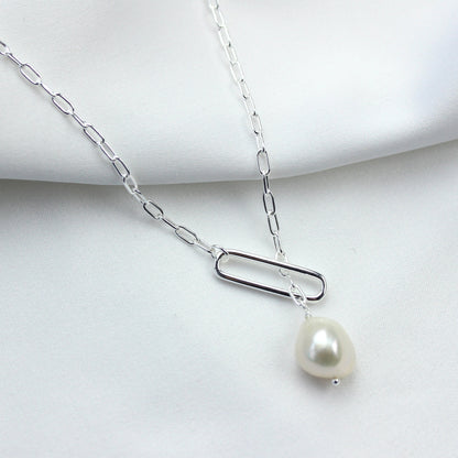 Sterling Silver Natural Freshwater Pearl Drop Link Chain Necklace