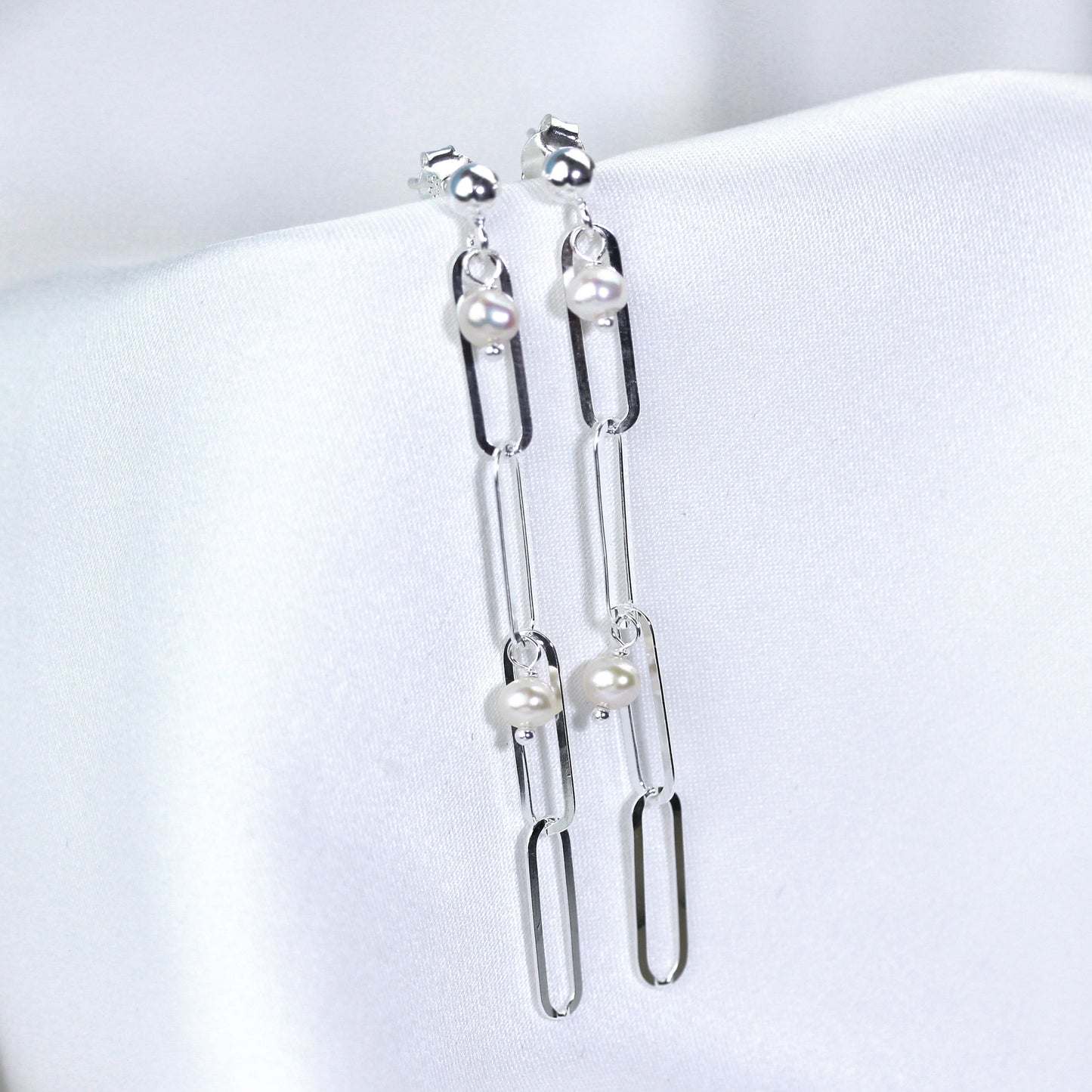 Sterling Silver Freshwater Pearl Drop Link Stud Earrings