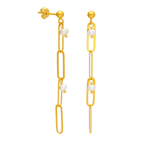 Gold Plated Sterling Silver Pearl Drop Link Stud Earrings