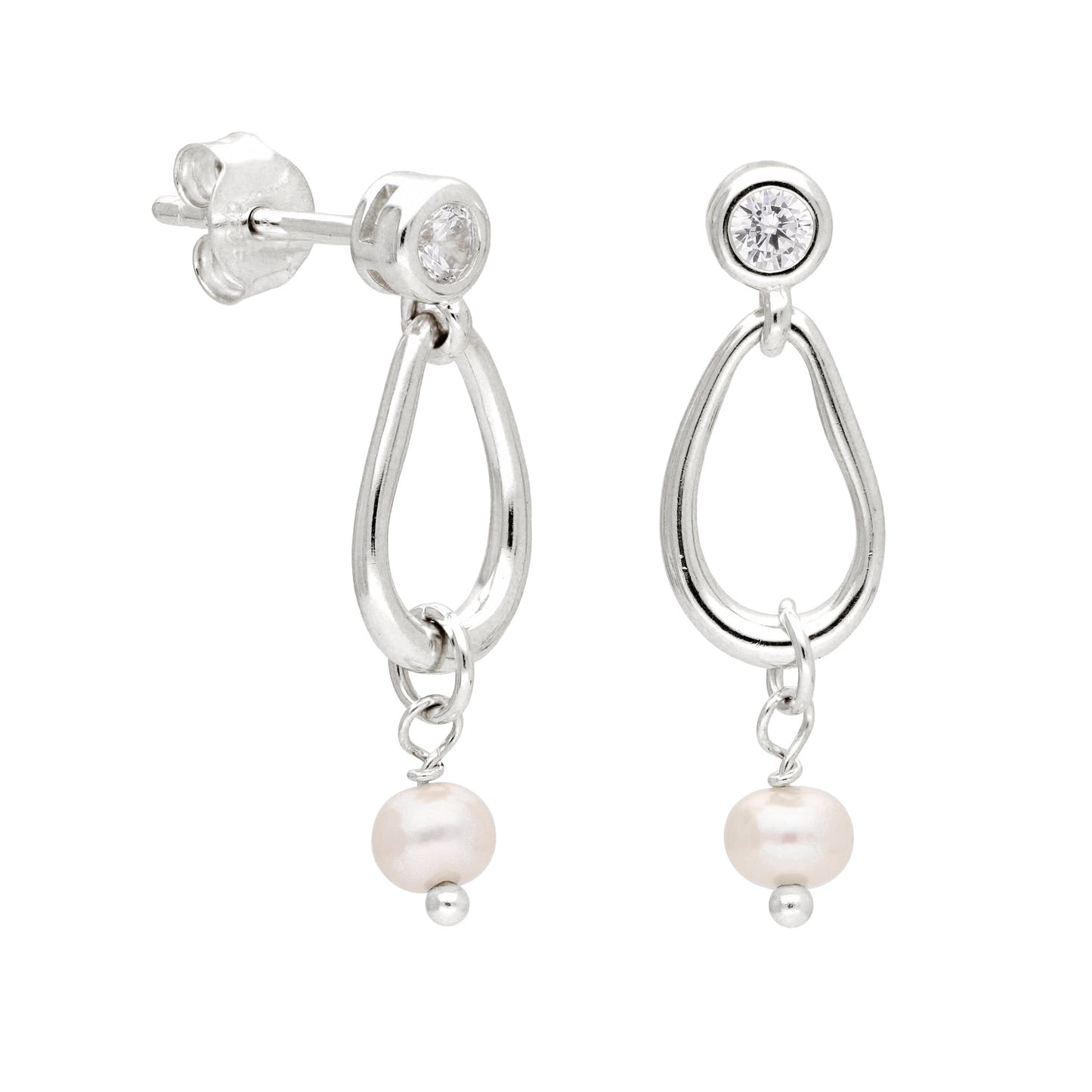 Sterling Silver Drop Freshwater Pearl & CZ Dangle Earrings