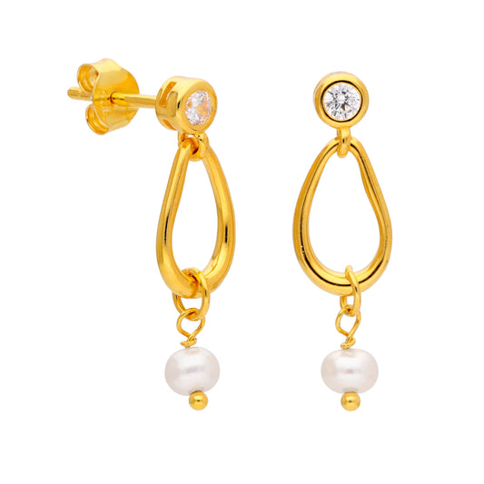 Gold Plated Sterling Silver Drop Pearl CZ Dangle Earrings