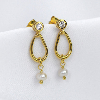 Gold Plated Sterling Silver Drop Pearl CZ Dangle Earrings