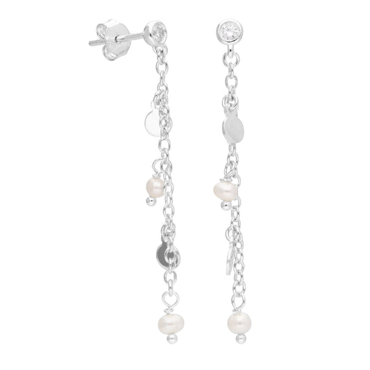 Sterling Sølv Ferskvann Pearl Drop Chain CZ Stud øredobber