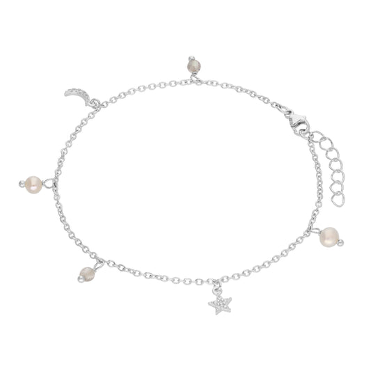 Sterling Silver Freshwater Pearl Charm CZ Star Moon Bracelet