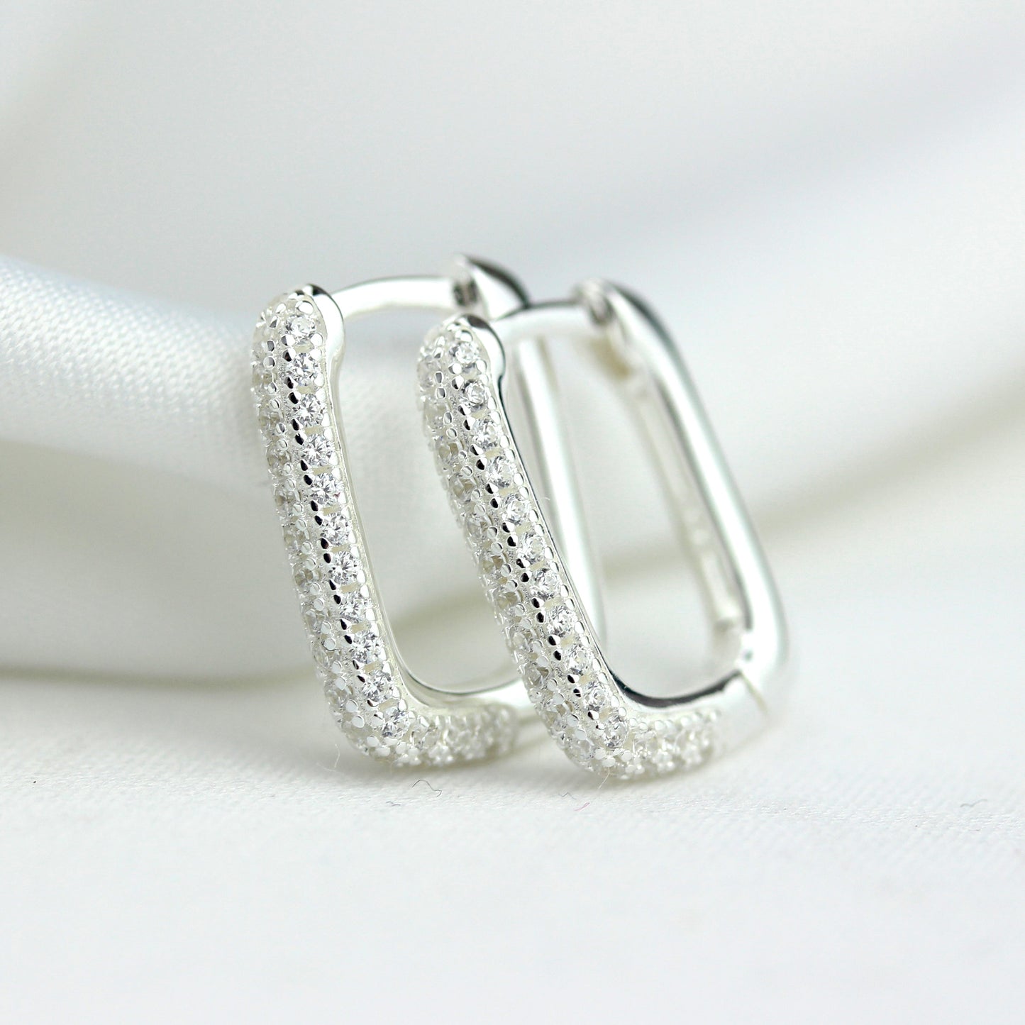 Sterling Silver Ovate CZ Pave 15mm Hoop Huggie Earrings