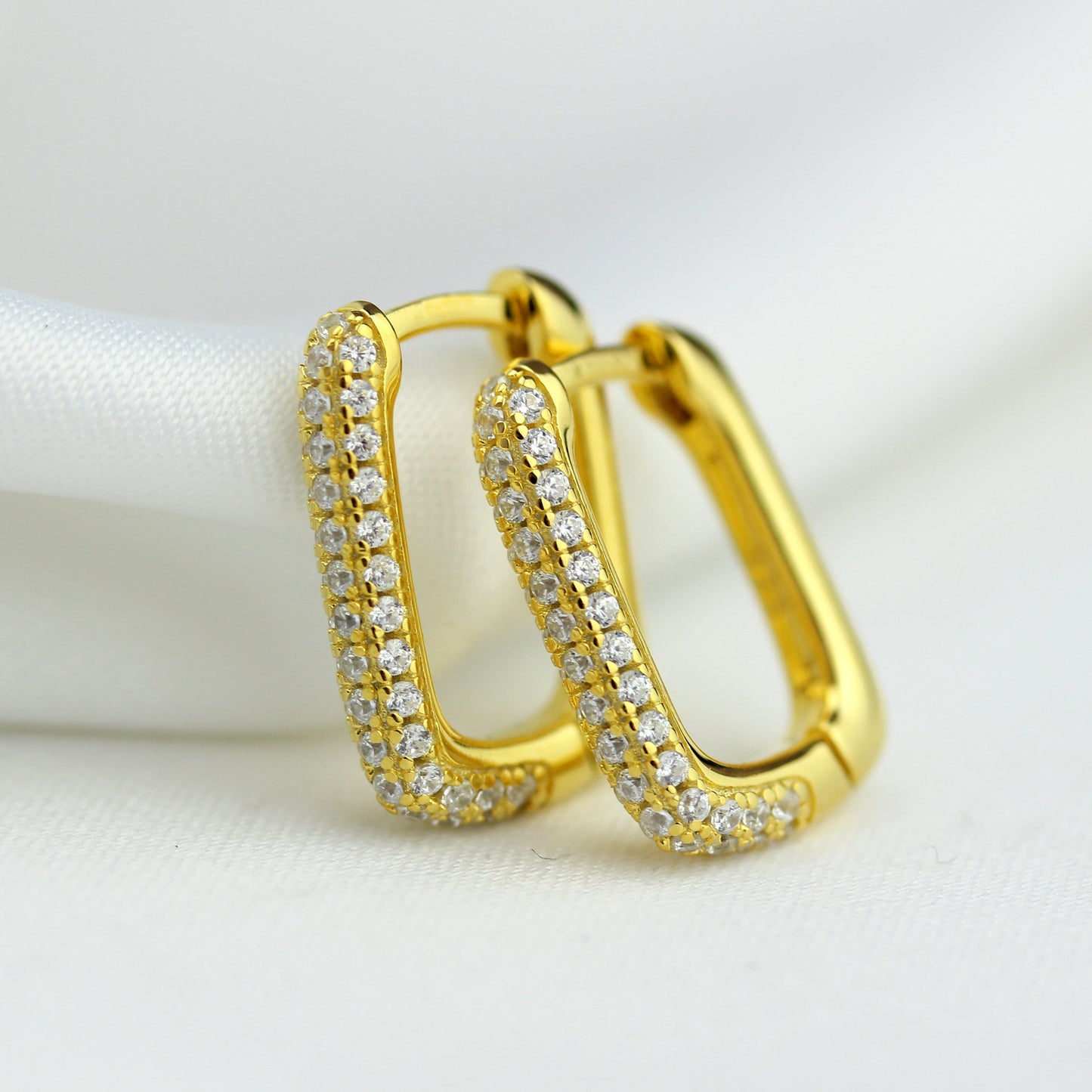 Gold Plated Sterling Silver Ovate CZ 15mm Hoop Earrings