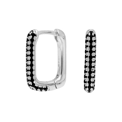 Sterling Silver Ovate Black CZ 15mm Huggie Hoop Earrings