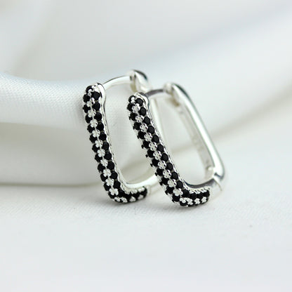 Sterling Silver Ovate Black CZ 15mm Huggie Hoop Earrings