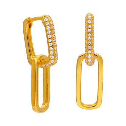 Gold Plated Sterling Silver Ovate CZ Long Link Hoop Earrings