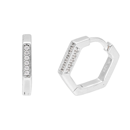 Sterling Silver CZ Encrusted 14mm Pentagon Huggie Hoop Earrings