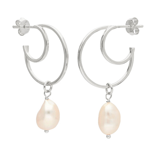 Sterling Silver Freshwater Pearl Drop Hoop Stud Earrings