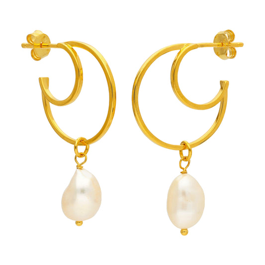 Gold Plated Sterling Silver Pearl Drop Hoop Stud Earrings