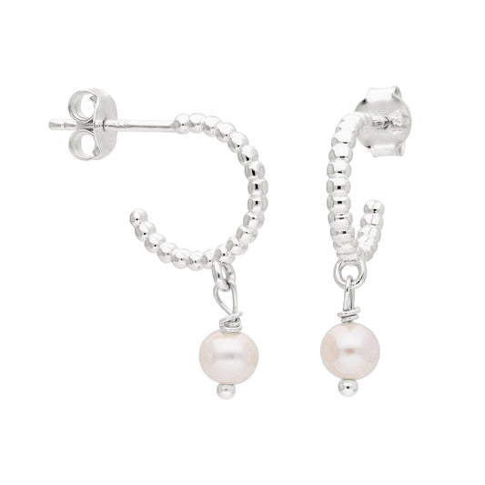 Sterling Silver Freshwater Pearl Drop Beaded Charm Hoop Stud Earrings