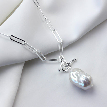 Sterling Silver Unique Freshwater Pearl Drop Link Necklace