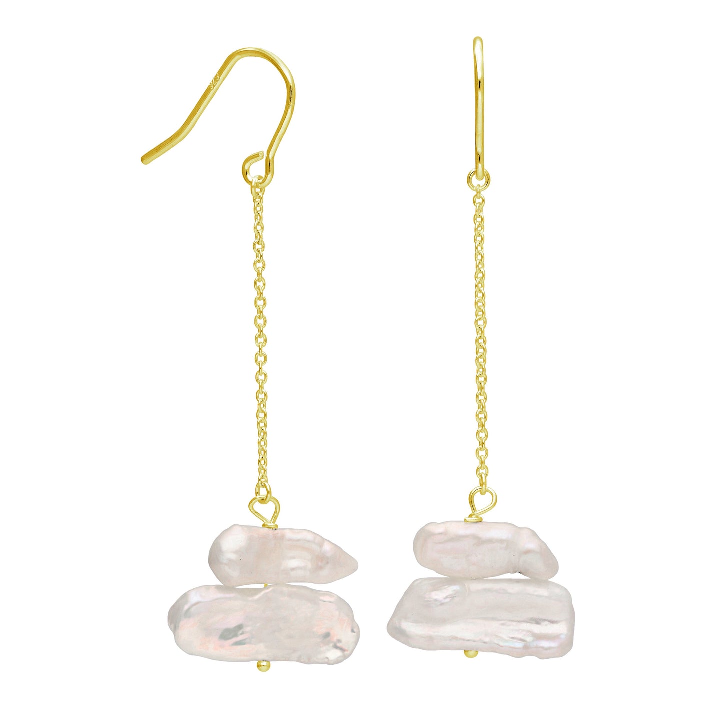 Gold Plated Sterling Silver Double Pearl Drop Dangle Earrings