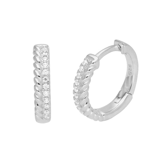 Sterling Silver Double Twist Pave CZ Huggie Hoop Earrings