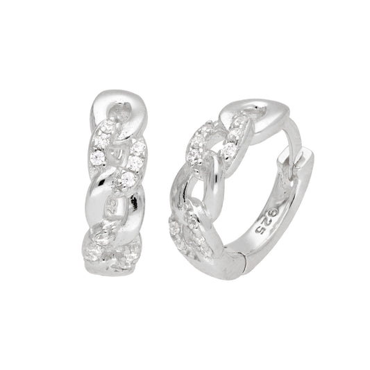 Sterling Silver Curb Chain Pave CZ Huggie Hoop Earrings