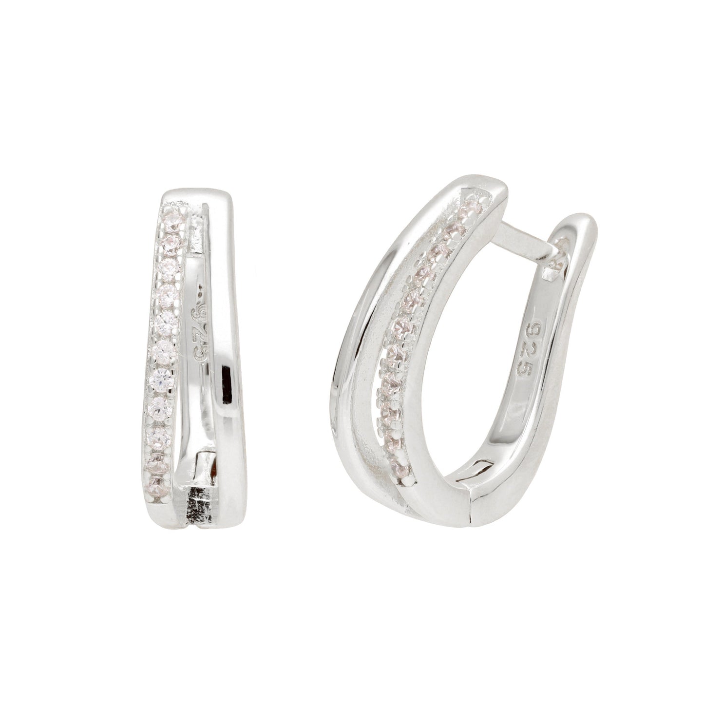 Sterling Silver Double Oval Pave CZ Huggie Hoop Earrings