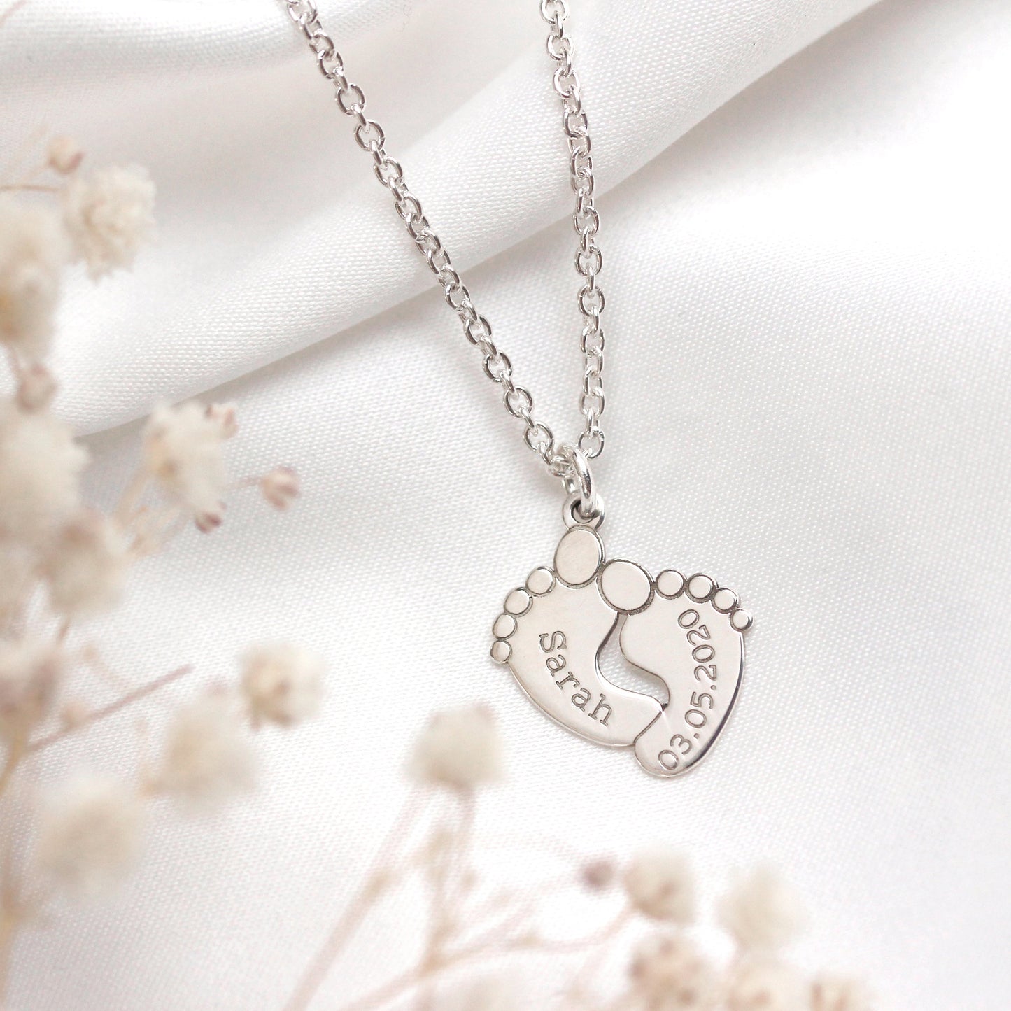 Bespoke Sterling Silver Baby Feet Name Necklace 16 - 24 Inch