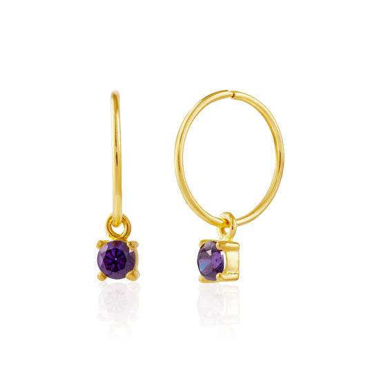 Gold Plated Sterling Silver Amethyst CZ 12mm Charm Hoop Earrings