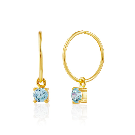 Gold Plated Sterling Silver Aquamarine CZ 12mm Charm Hoop Earrings