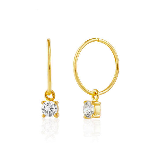 Gold Plated Sterling Silver CZ April 12mm Charm Hoop Earrings