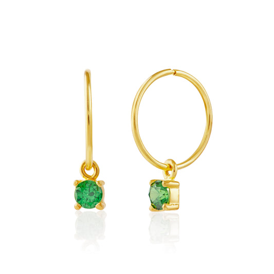 Gold Plated Sterling Silver Emerald CZ 12mm Charm Hoop Earrings