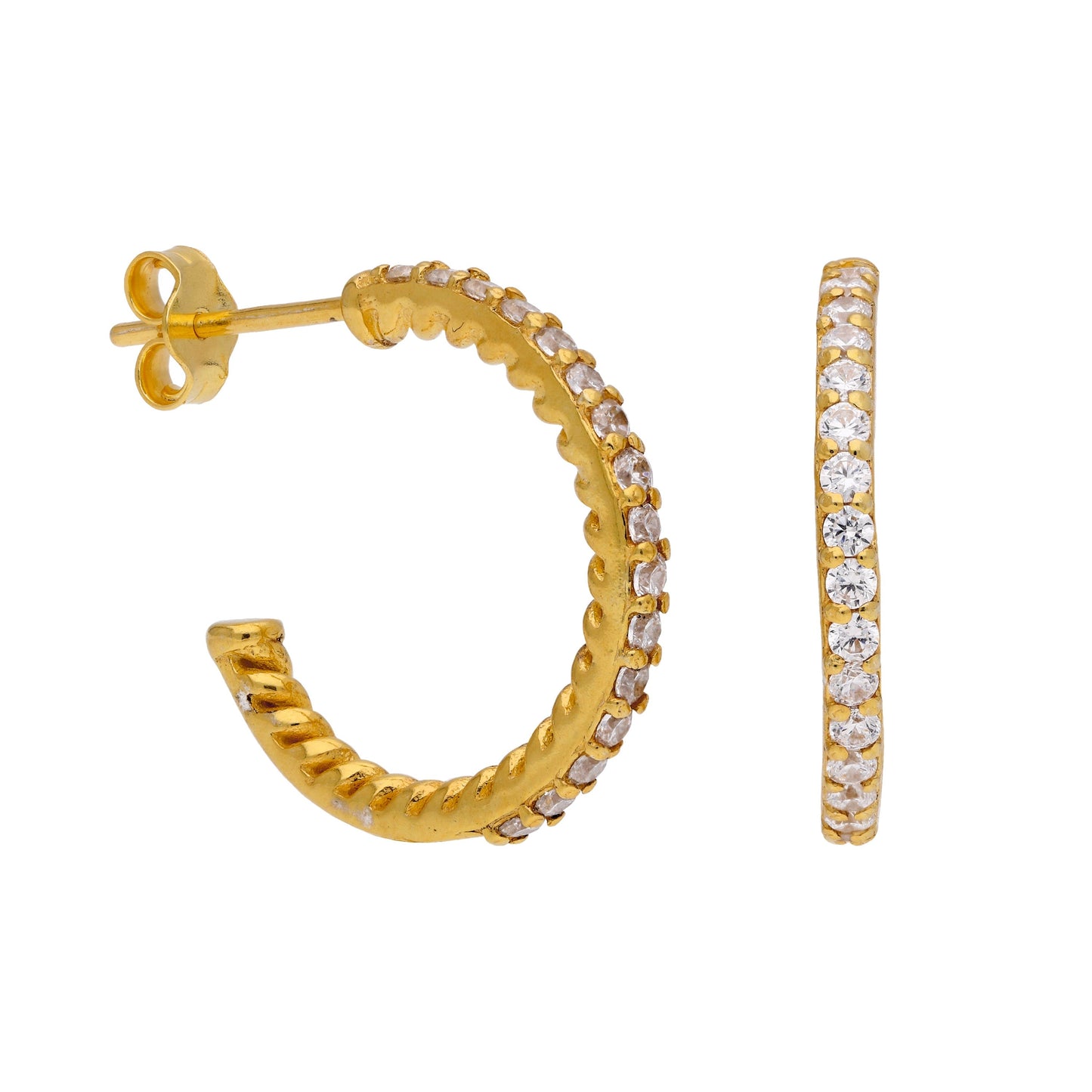 Gold Plated Sterling Silver CZ Twist Stud Open Hoop Earrings